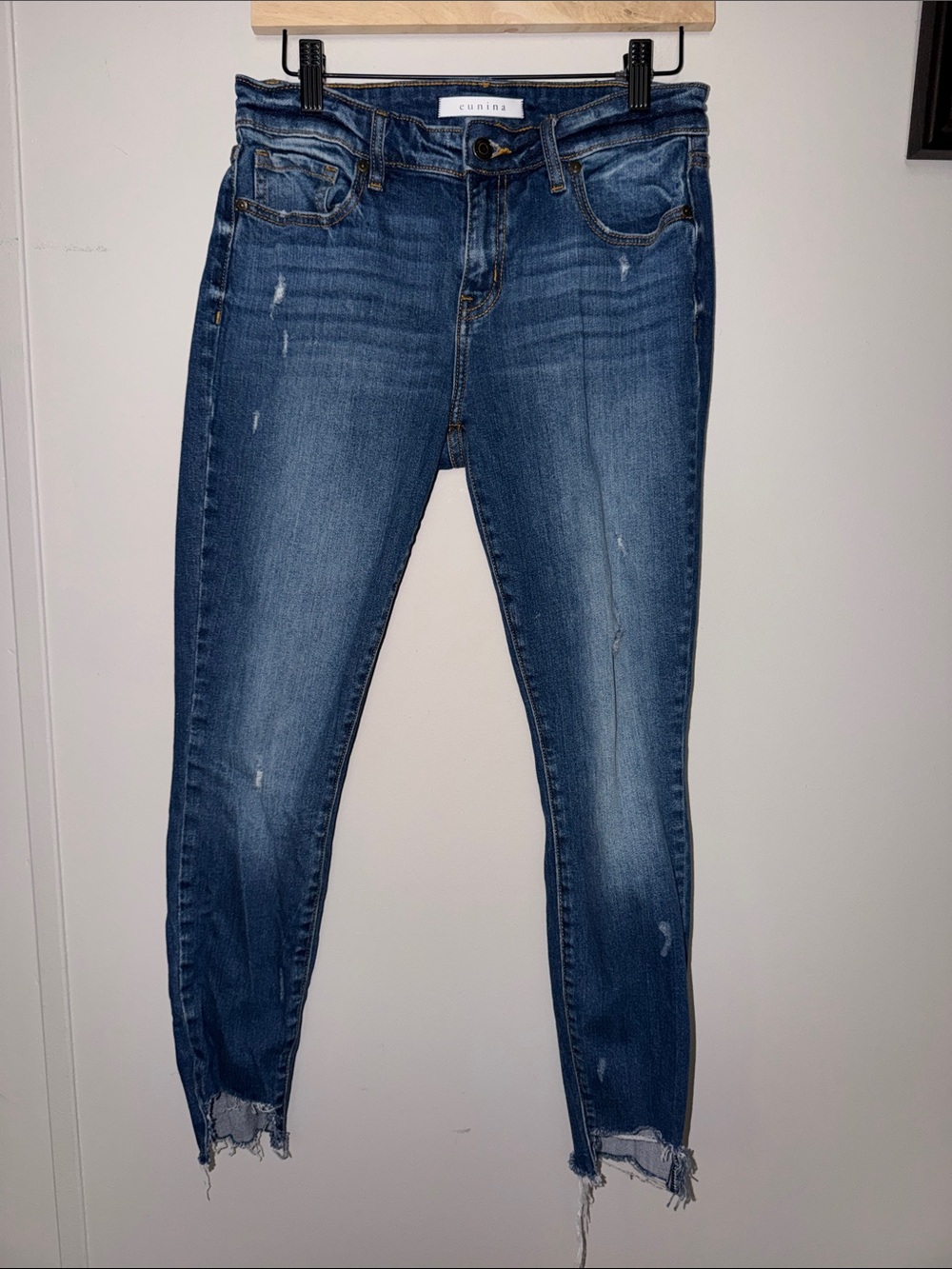 eunina Mid Blue High-Rise Skinny Jeans with Distressed Hem